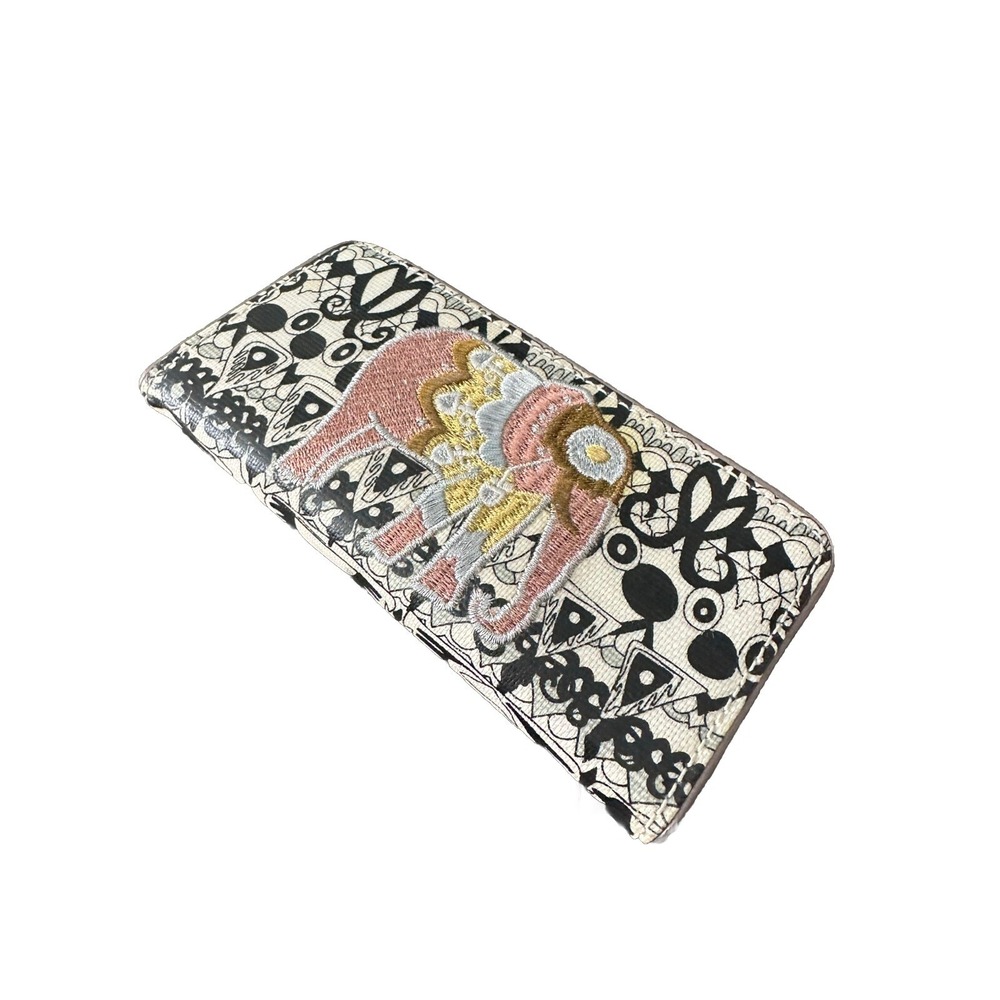 Sakroots Artist Boho Circle Elephant Embroidered Zip Wallet Black Cream Pink